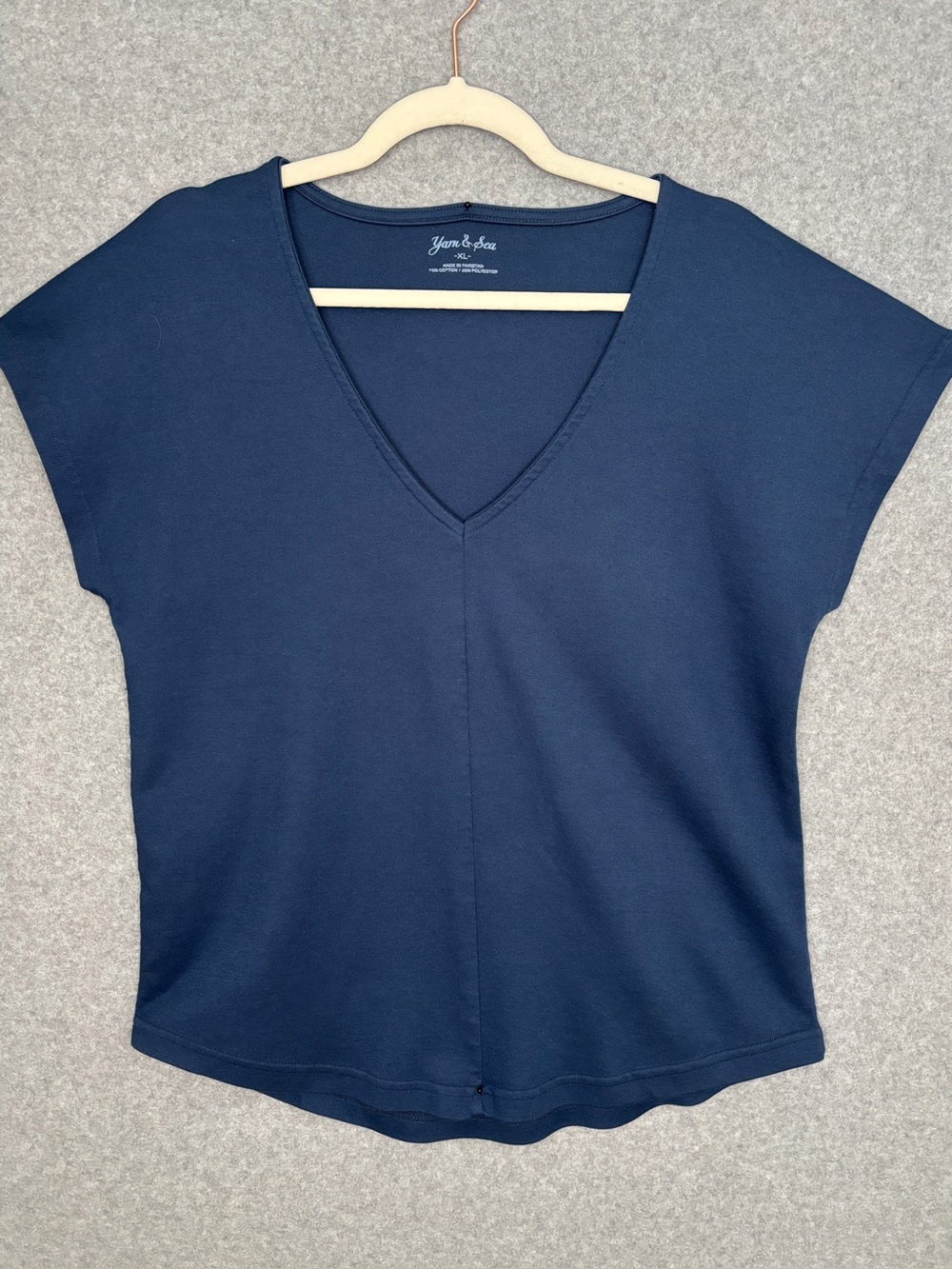 Yarn & Sea V-Neck Short Sleeve Women Top XL Navy